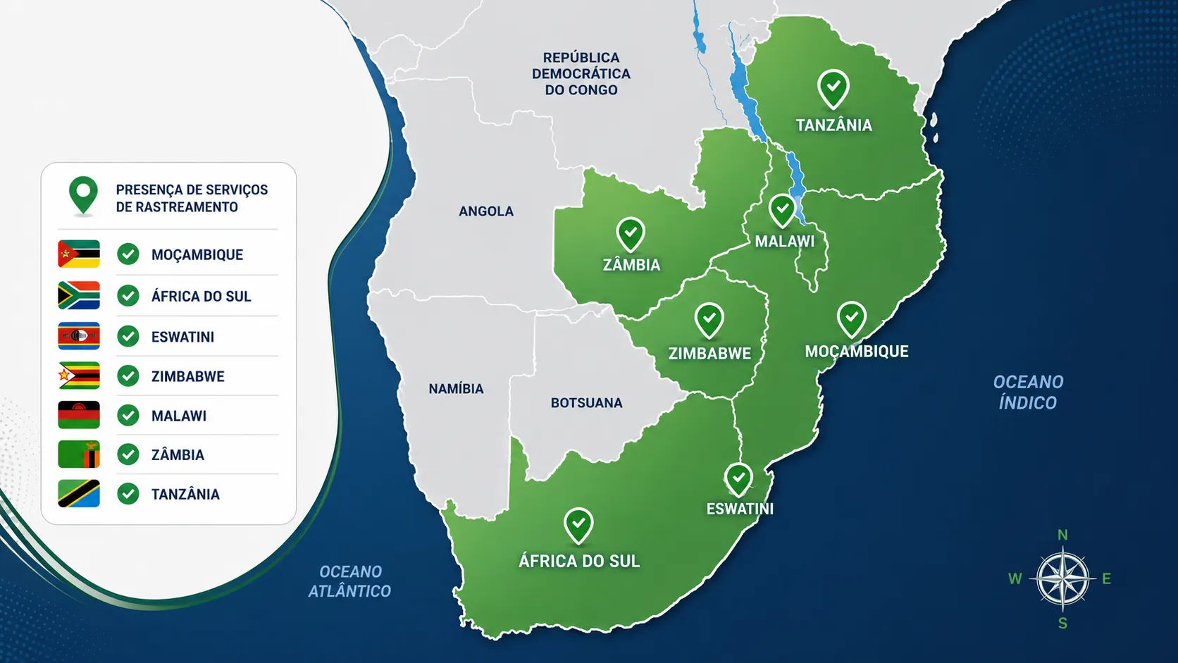 Mapa de cobertura TrackGuard — África Austral